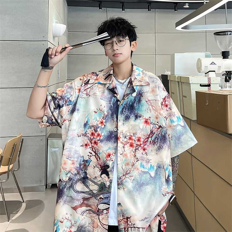 控价59扎染花衬衫水墨印花风衬衫多色宽松短袖衬衫CS891P35,男装衬衫,电商A128