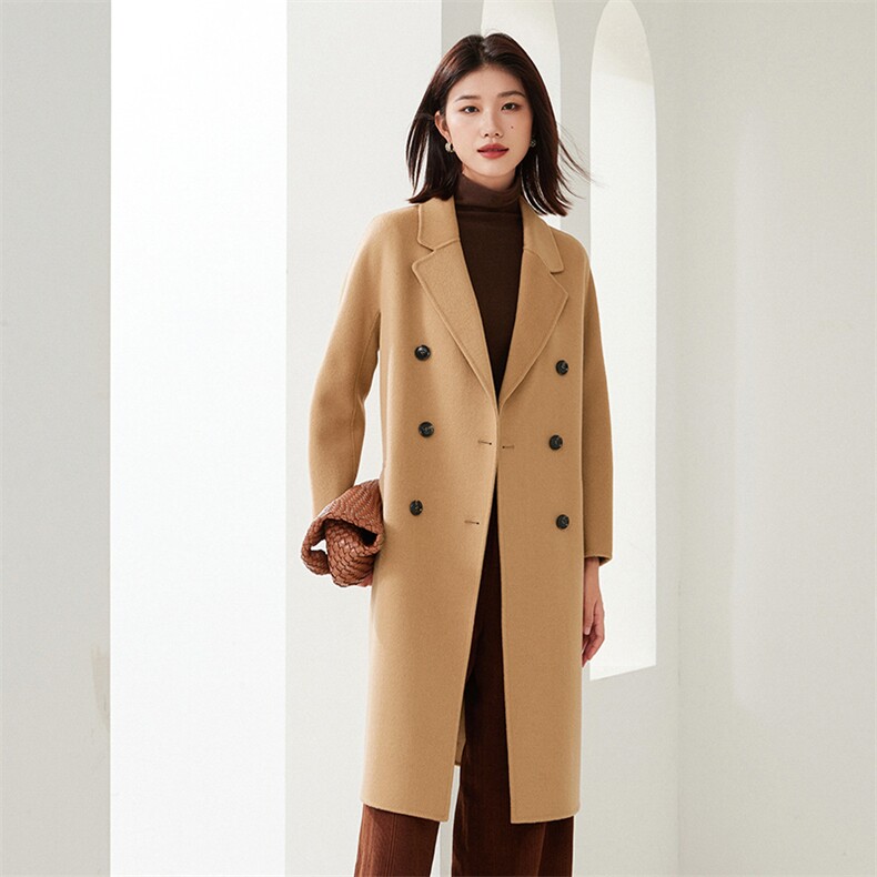 双排扣长款2024年秋冬季新款羊毛双面呢大衣，女装双面呢大衣，织美生