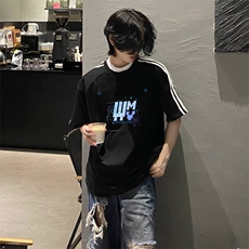 抖音得物高品质二开240克宽松纯棉美式潮牌三条杠织带短袖T恤，男装T恤，电商A486-1