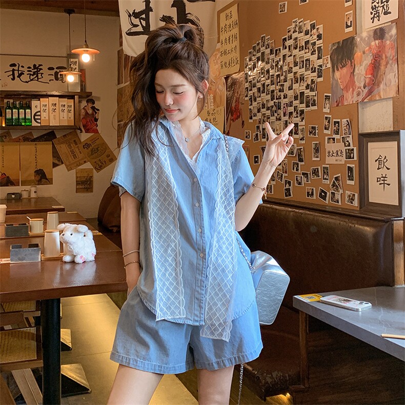 小个子独特漂亮牛仔套装女夏季2025新款休闲减龄衬衫短裤两件套女,女装套装/套裙,浙宝276（原081）