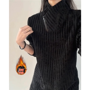 斜领拉链卫衣男款秋冬加绒美式鱼骨纹长袖打底衫常规40加绒P45图片