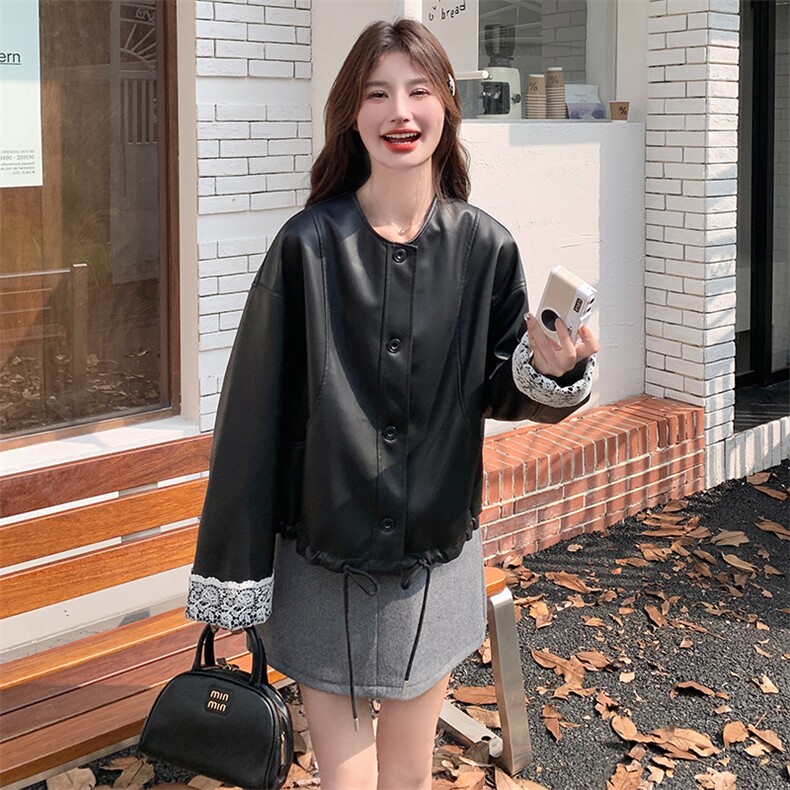 蕾丝拼接黑色皮衣外套女秋季高级感网红圆领pu皮夹克小个子,女装皮衣,2C198