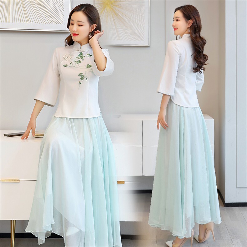 新中式女士汉服民国女学生旗袍上衣雪纺半身裙茶艺服旗袍,女装连衣裙,芷墨服饰