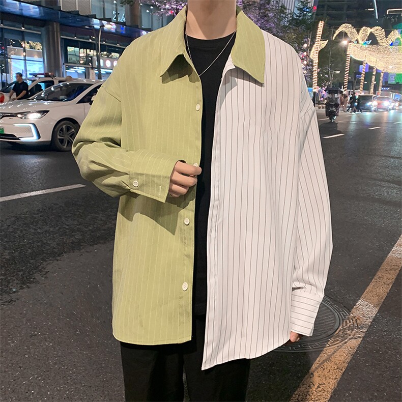 条纹衬衫拼色韩版宽松潮流百搭帅气衬衣ins网红潮上衣W1173-P35,男装衬衫,星座512-4