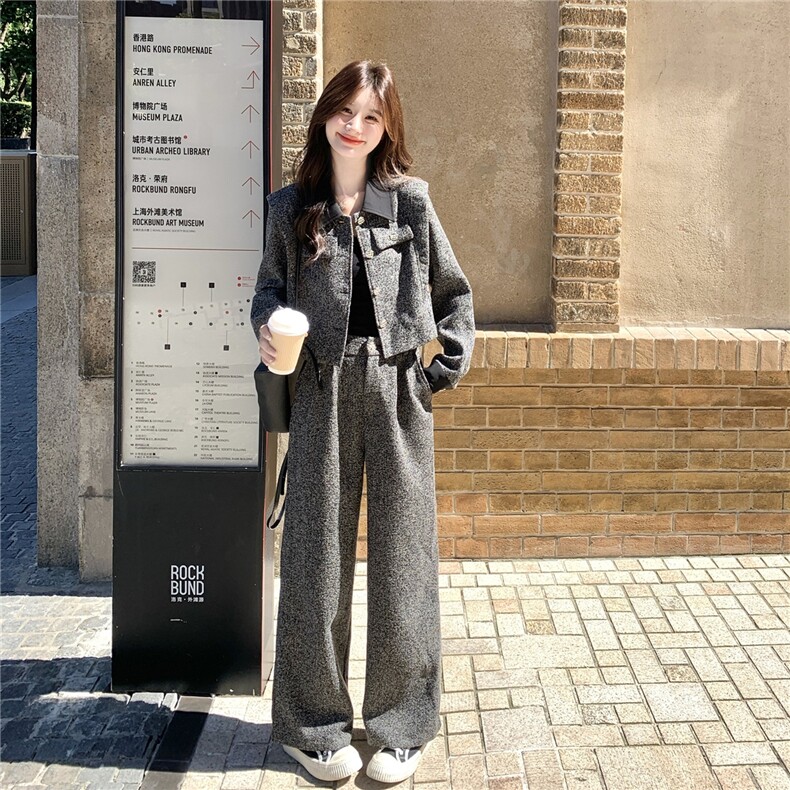法式复古毛呢短外套高腰阔腿裤套装女2025秋新款高级感显瘦两件套,女装套装/套裙,2B237