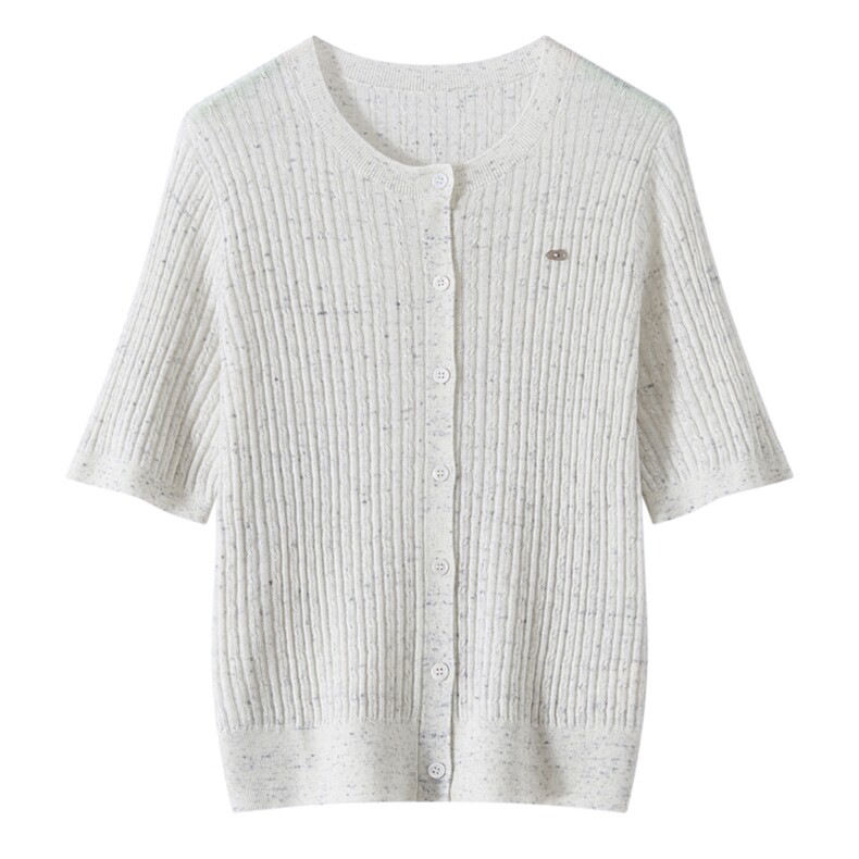 2026年秋季休闲风时尚百搭通勤羊休闲花纱彩点坑条开衫短袖，女装T恤，东远绒业