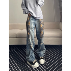 YESI美式3D印花牛仔裤男女宽松街头潮流设计感小众水洗休闲长裤子，男装牛仔裤，四季星座505