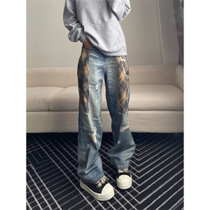YESI美式3D印花牛仔裤男女宽松街头潮流设计感小众水洗休闲长裤子图片