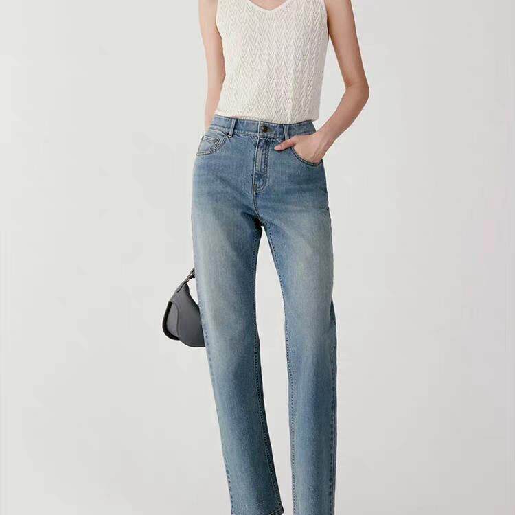 2025年秋季中腰长裤环保棉复古蓝直筒牛仔裤，女装牛仔裤，泰合衣坊