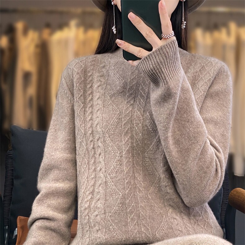 宽松型常规套头2025年夏季长袖高领羊毛衫时尚百搭纯色,女装羊毛衫,春贝羊绒