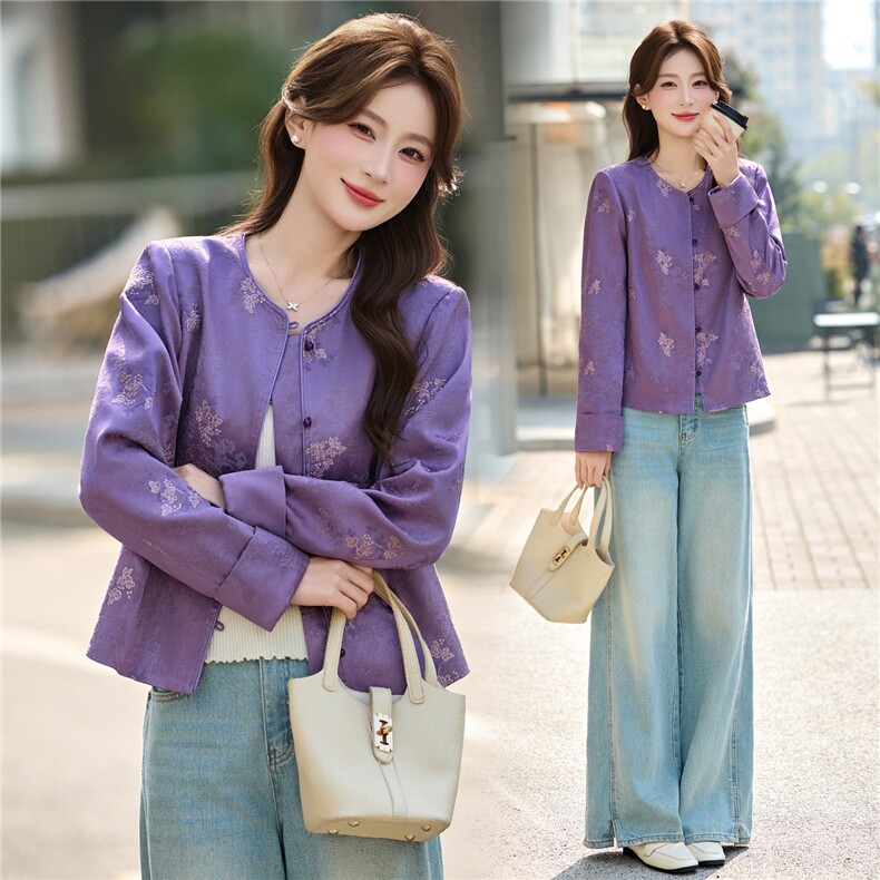 新中式风2026春秋新款紫色刺绣短外套女春季高级感显瘦气质上衣，女装短外套，悠米