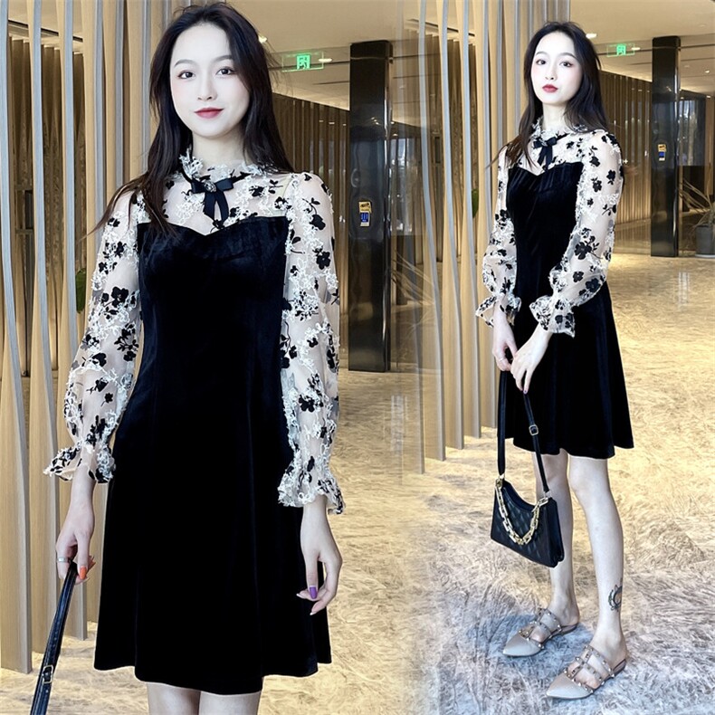 2021春季新款时尚优雅气质花边领拼接显瘦连衣裙,女装连衣裙,深水步