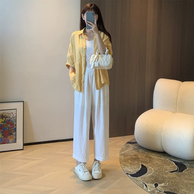 2025夏季松弛感翻领亚麻宽松设计感灯笼袖衬衫,女装衬衫,湘姗
