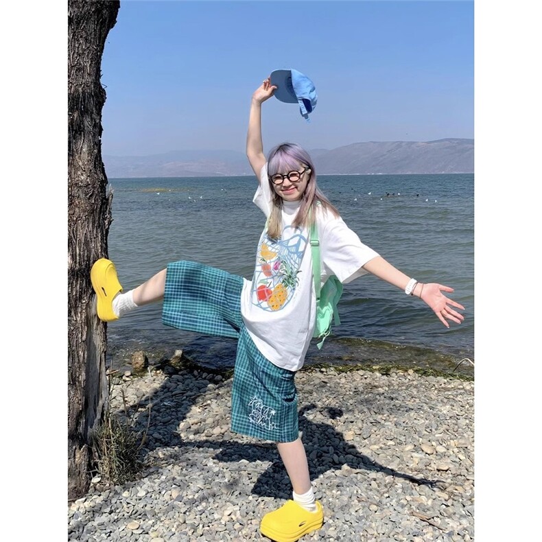多巴胺穿搭美式复古格子刺绣七分裤女夏宽松直筒阔腿慵懒休闲短裤,男装牛仔裤,星座1210-1