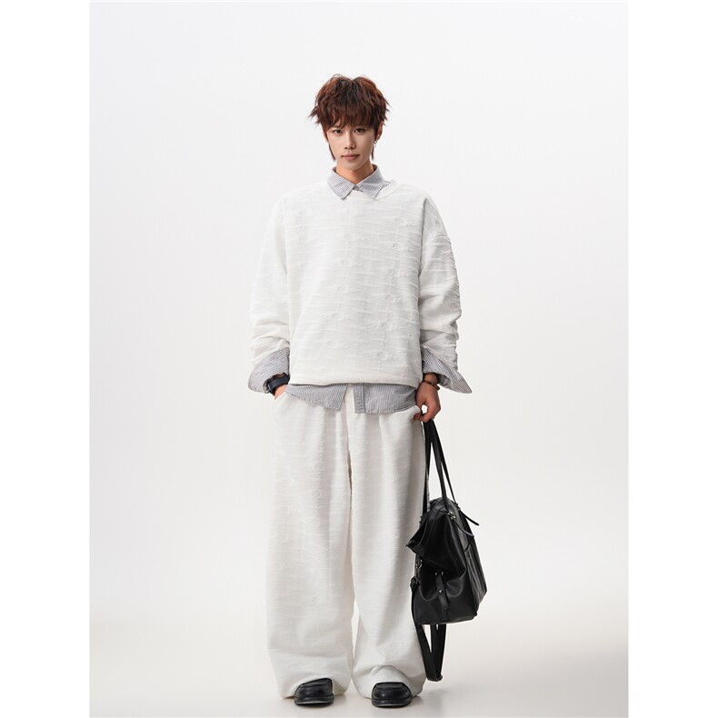 8XL-M春季复古宽松廓形立体民族风提花奶白色运动套装男TZ105P88,男装T恤,电商D206-1