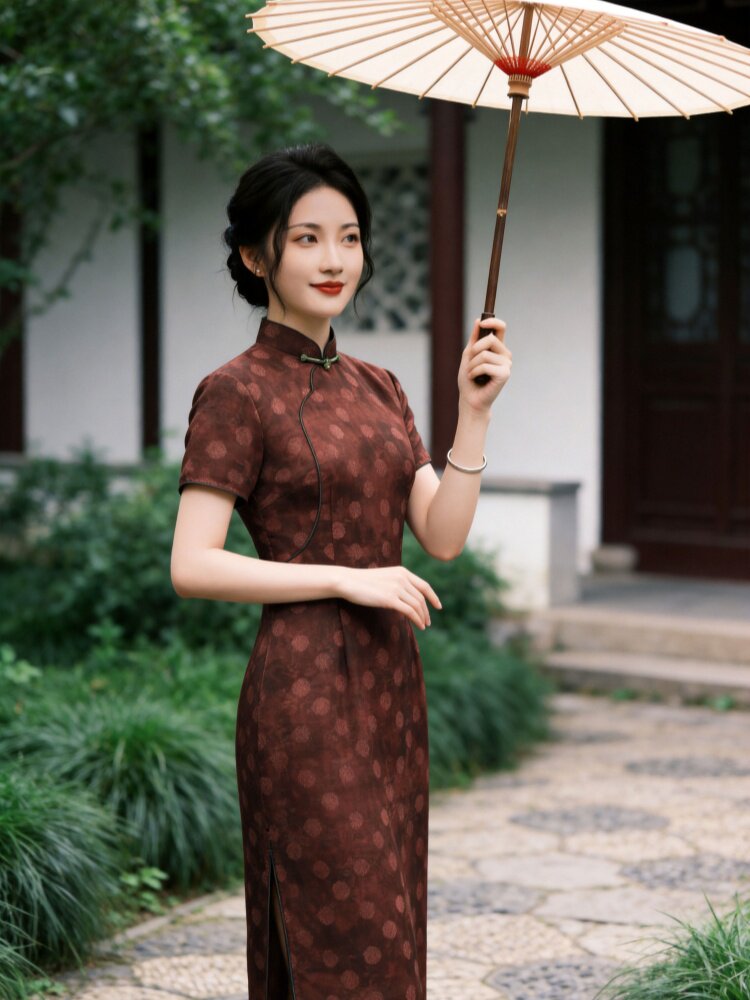 夏季新品时尚气质金丝提花香云纱品质真丝喜庆中长款旗袍裙,女装汉服/婚纱/旗袍/礼服,媚琳依坊
