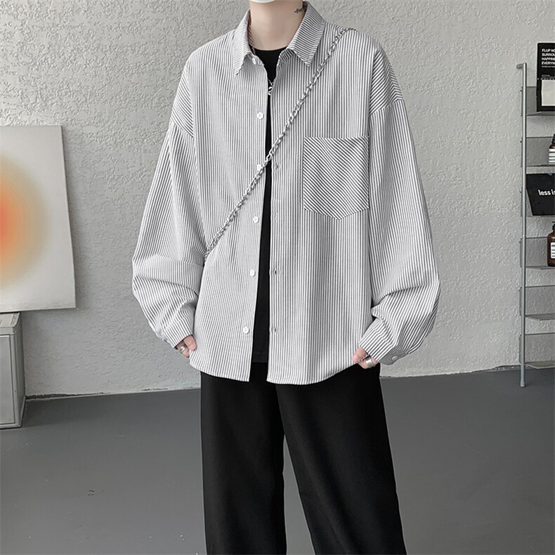 衬衫男秋季新款港风宽松大码条纹长袖衬衣CS801-特P29，男装衬衫，星座214-3