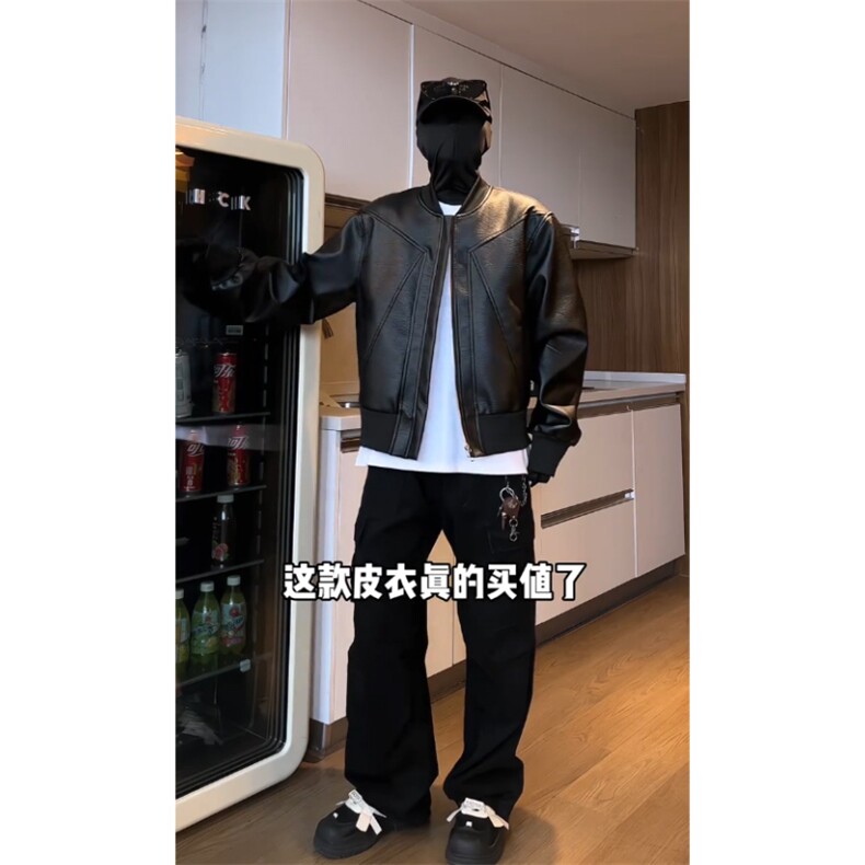 网图慎用设计款舒美绸内里宽松美式夹克棒球领皮外套PY957P80,男装皮衣,电商A128