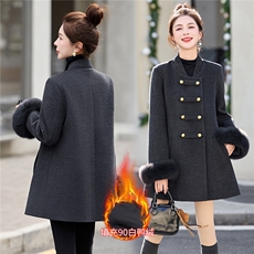 2025年冬季新款袖口狐狸毛毛呢小香风90白鸭绒中长款羽绒服，女装羽绒服，蓝诺裳