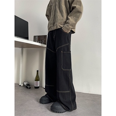 8XL-M小众设计感明线牛仔裤男宽松阔腿拖地男长子裤K9107P58控78，男装牛仔裤，电商D206-1