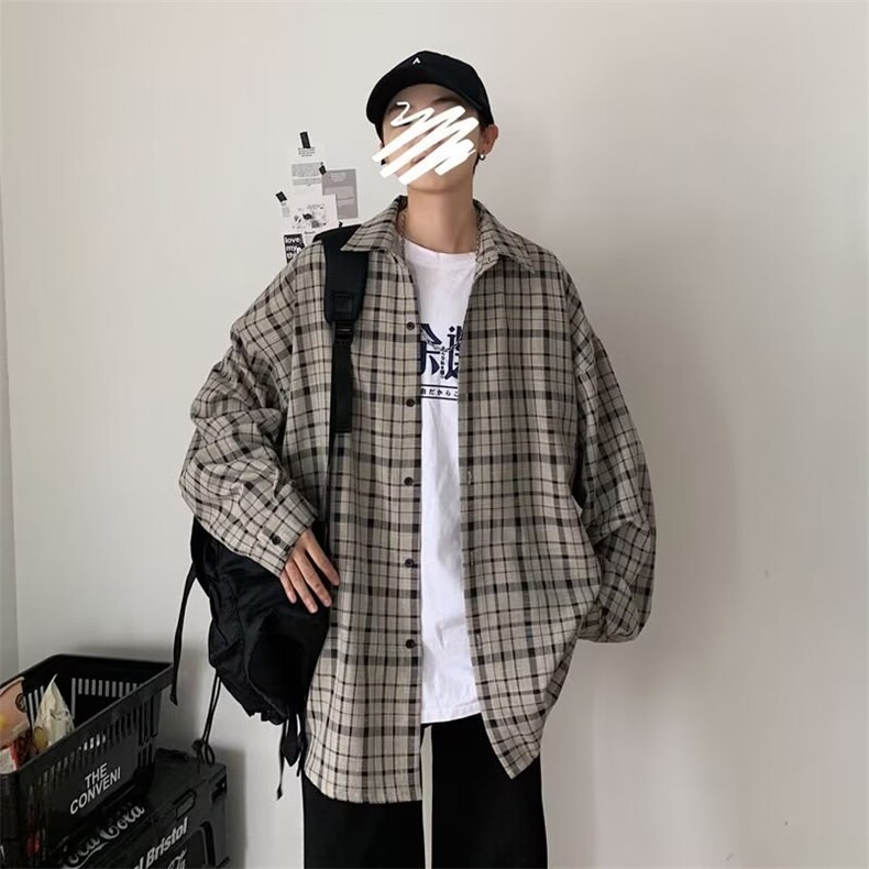 C125-P282025新款情侣休闲长袖衬衫黑白格子衬衣日系春秋季,男装T恤,电商B323A