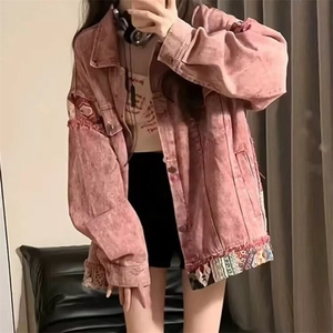 小香风牛仔外套女春秋复古做旧拼接设计感小众宽松粉色开衫夹克潮图片