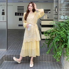 【现货】蕾丝拼接假两件长袖连衣裙2C158-6011-P165-K238，女装连衣裙，2C158