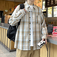 春季小香风衬衫翻领男大皂大码宽松痞帅外套格子衬衣A012/855Tp28，男装衬衫，电商A012