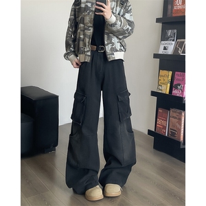 男士复古水洗工装牛仔裤潮流多口袋设计休闲阔腿裤图片
