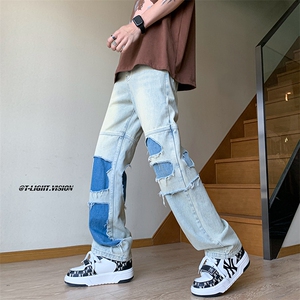 B221 美式ins高街暗黑小众撞色破洞直筒牛仔裤 LK23109-P65 控88图片