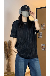 休闲风百搭短袖T恤男女宽松圆领条纹肌理感内搭上衣T3695-特价P22图片