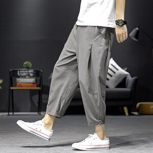 日系沙发亚麻宽松时尚潮流男士休闲裤九分小脚裤：图片
