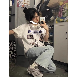 美式复古白色短袖t恤女宽松夏季小众设计感学生半袖上衣DTX673图片