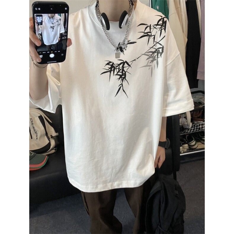 抖音品质直播得物风新中式竹叶印花短袖T恤dcm298-特批20控38,男装T恤,星座605(原A050)