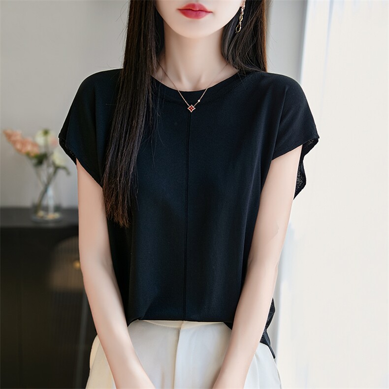 2025夏季圆领短袖女士薄款透气针织T恤衫显瘦时尚洋气小飞袖半袖,女装T恤,暖烁特种纱工厂店