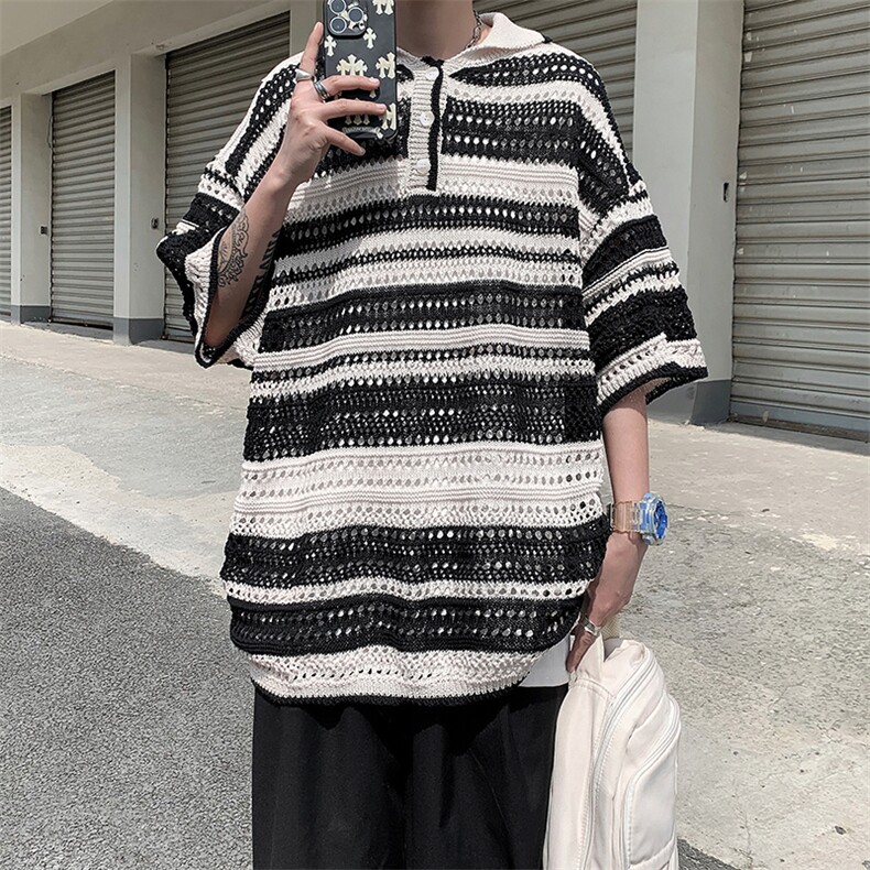 针织POLO衫男韩版潮流痞子帅气条纹拼色2023夏季insT恤WB046-P46,男装Polo衫,星座412-2