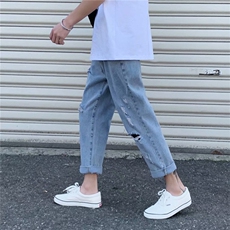 九分牛仔裤男夏季潮牌休闲直筒破洞宽松韩版阔腿老爹裤GK242-P35，男装牛仔裤，星座1008-1