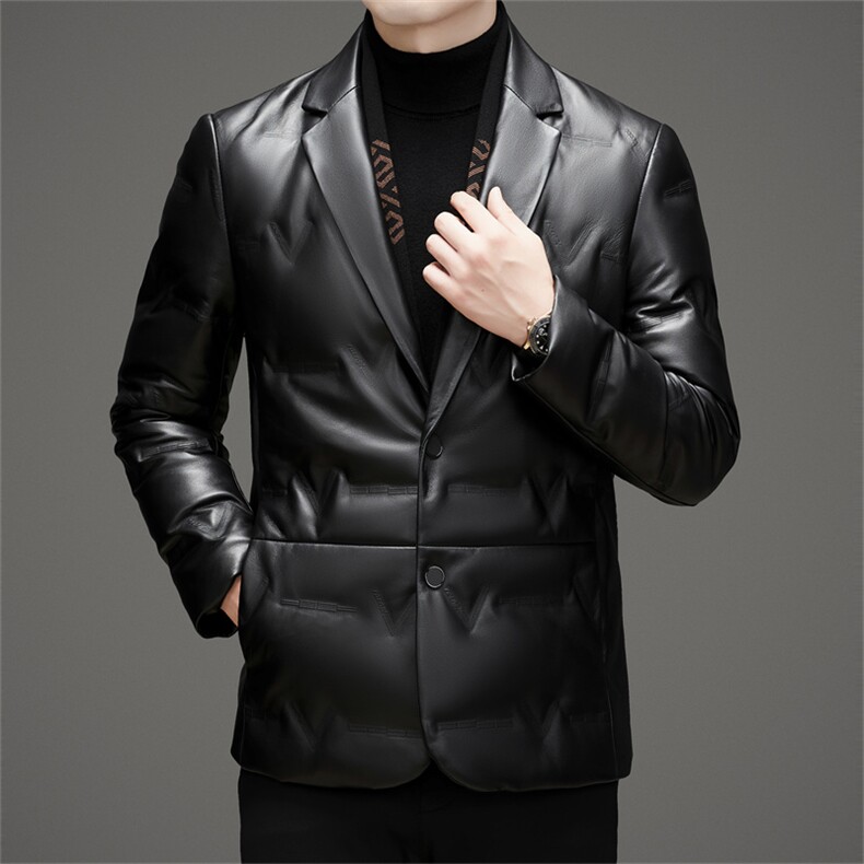 MJ1802真皮羽绒皮衣男围巾领头层绵羊皮白鸭绒加厚保暖皮西装，男装皮衣，电商B360