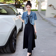 牛仔马甲配黑色连衣裙两件套女夏季穿搭一整套减龄流行漂亮套装裙，女装套装/套裙，意芙