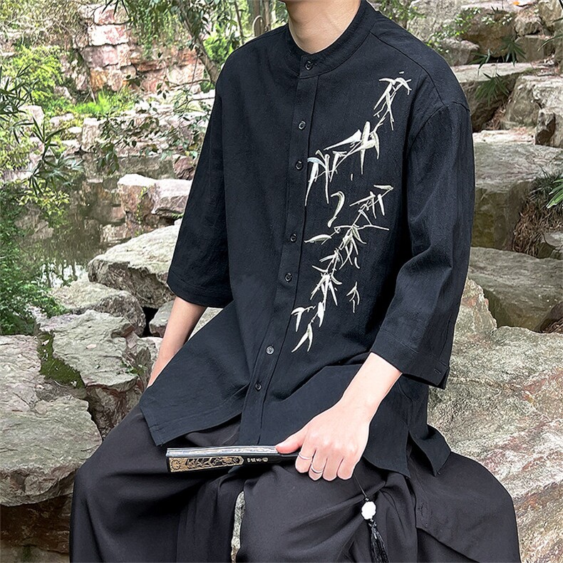 现货夏季新中式男士大码竹叶刺绣百搭短袖衬衫T29-P65,男装T恤,电商A021