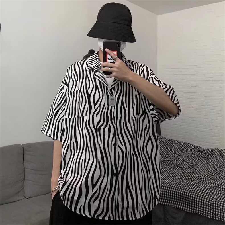 港风潮牌斑马纹设计宽松百搭衬衫潮ins夏季流行方领短袖衬衣,男装T恤,星座506A