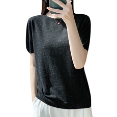 夏季薄款精纺羊毛圆领短袖T恤女点子纱宽松半袖针织外穿内搭上衣，女装T恤，片语羊绒