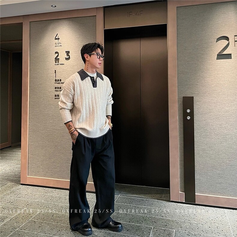 203-6F2543P58～撞色拼接海鸥领老钱风肌理Polo领毛衣,男装针织衫/毛衣,星座203-6(原电商259)