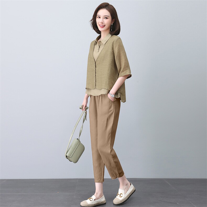 时尚休闲棉麻套装女2025夏季新款中年妈妈苎麻衬衫减龄亚麻两件套,女装套装/套裙,忆绮罗