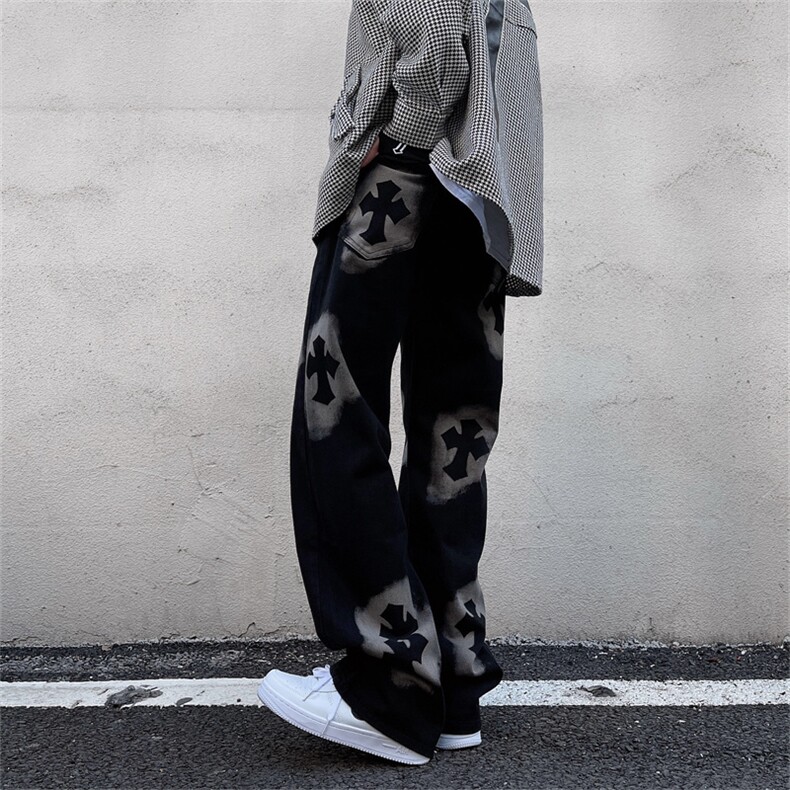 2023新款美式vibe风十字架牛仔裤男炸街裤子高街ins潮流直筒裤图片