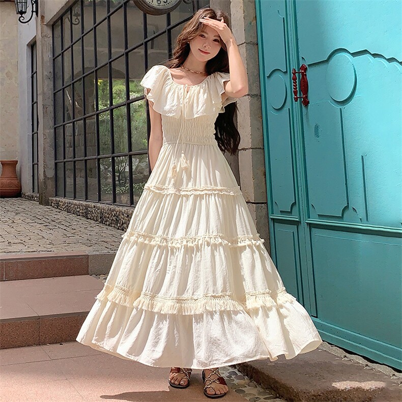 法式浪漫优雅连衣裙女2025夏季新款赫本风高腰一字肩荷叶边裙子潮，女装连衣裙，浙宝305