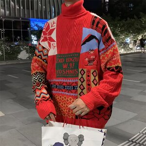 美式ins复古拼色高领毛衣男秋冬季慵懒风宽松小熊情侣针织衫图片