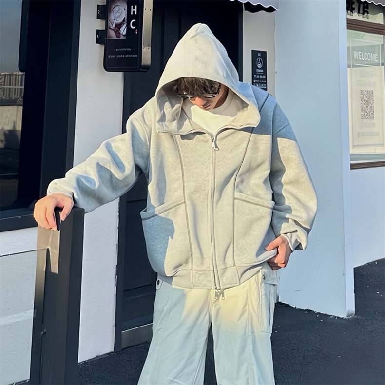 抖音得物高品质秋冬美式高街重磅结构辑明线纹理连帽卫衣外套W111图片