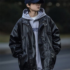 网红穿搭美式外套男女春秋宽松休闲痞帅机车皮衣短款情侣防风外套，男装皮衣，星座506A