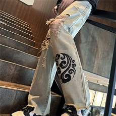 k1080-p55-控78M-5XL现货oversizecleanfit风黄泥牛仔裤破洞，男装牛仔裤，星座116